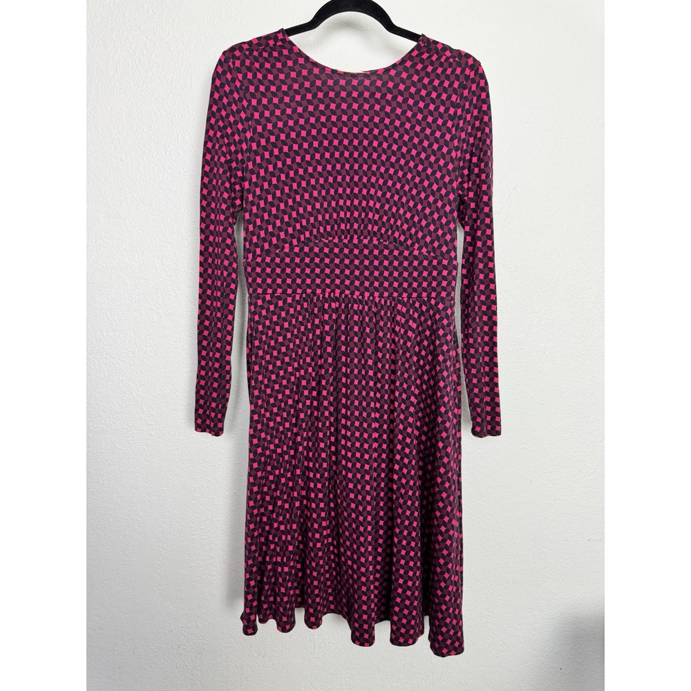 Boden Geometric Print‎ Fit & Flare Dress Pink Black Long Sleeve Size 10R